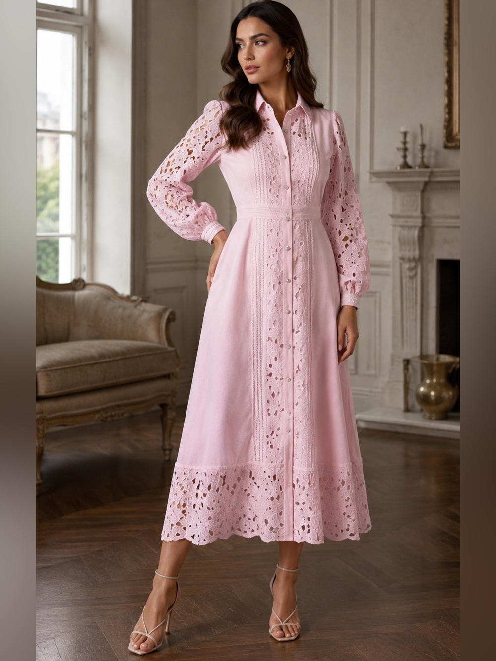 NEW Elegant Pink Lace Button-Front Midi Dress – Romantic Feminine Chic